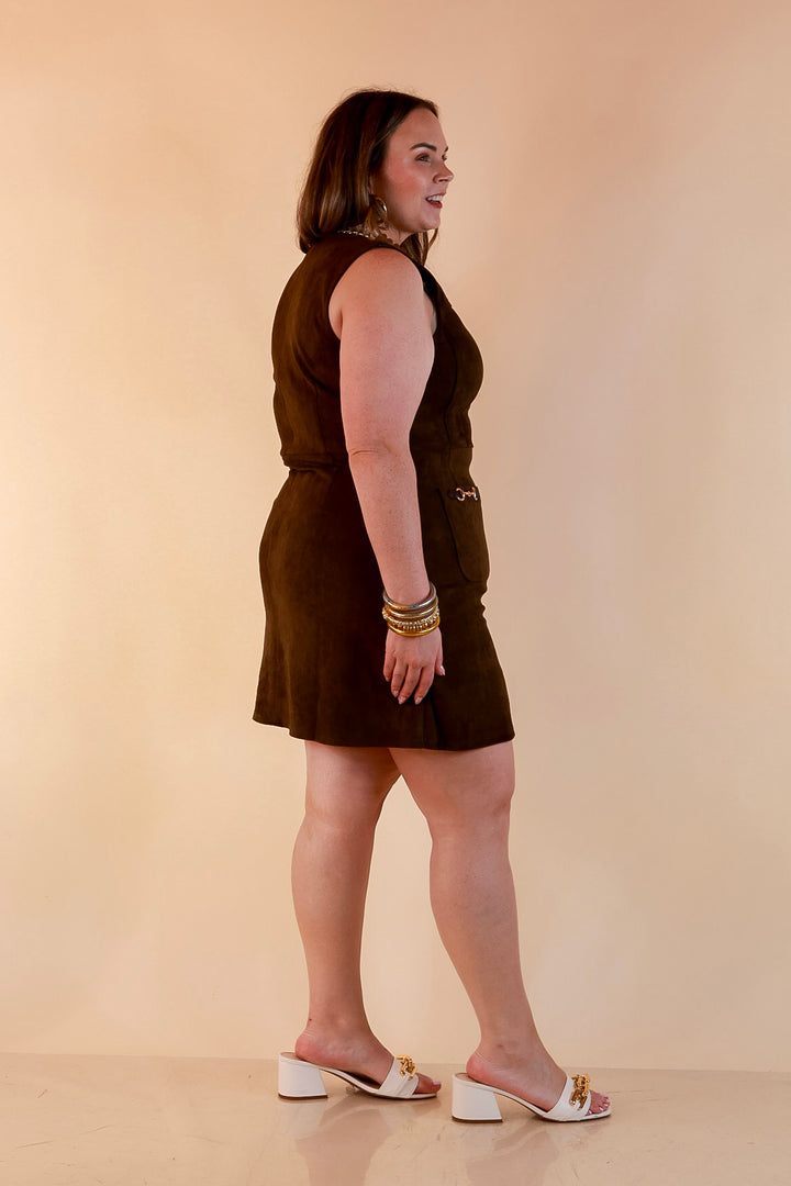 The Fine Print Sleeveless Faux Suede Tank Mini Dress with Horsebit Detailing in Olive Brown