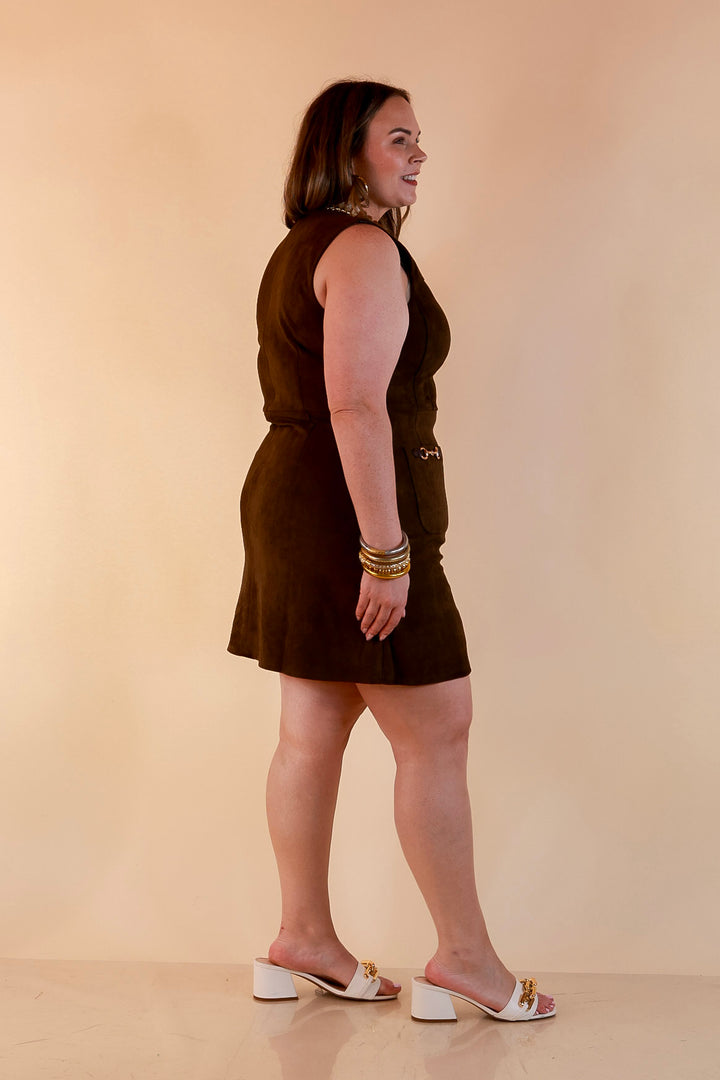 The Fine Print Sleeveless Faux Suede Tank Mini Dress with Horsebit Detailing in Olive Brown