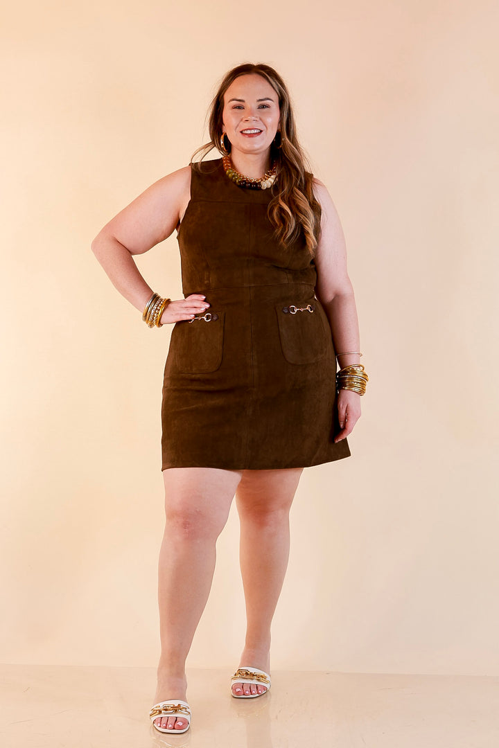 The Fine Print Sleeveless Faux Suede Tank Mini Dress with Horsebit Detailing in Olive Brown