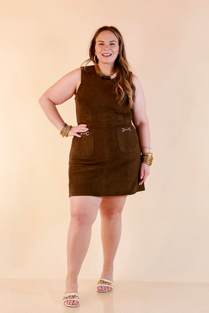 The Fine Print Sleeveless Faux Suede Tank Mini Dress with Horsebit Detailing in Olive Brown