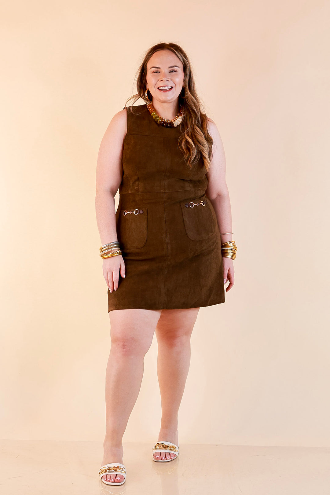 The Fine Print Sleeveless Faux Suede Tank Mini Dress with Horsebit Detailing in Olive Brown
