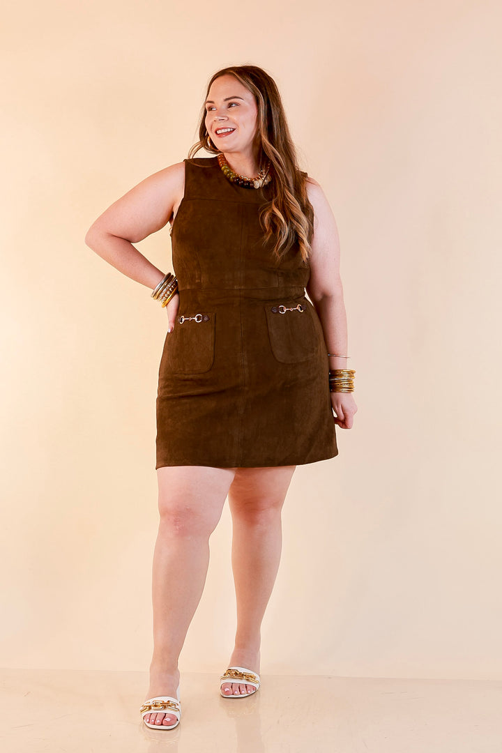 The Fine Print Sleeveless Faux Suede Tank Mini Dress with Horsebit Detailing in Olive Brown