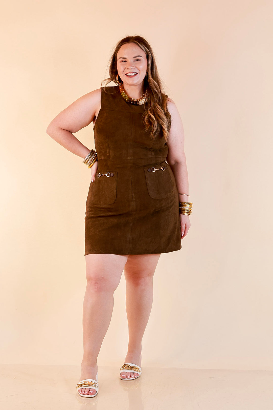 The Fine Print Sleeveless Faux Suede Tank Mini Dress with Horsebit Detailing in Olive Brown