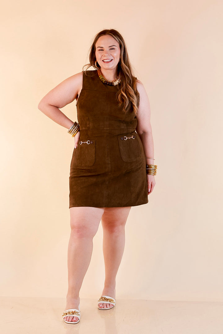 The Fine Print Sleeveless Faux Suede Tank Mini Dress with Horsebit Detailing in Olive Brown