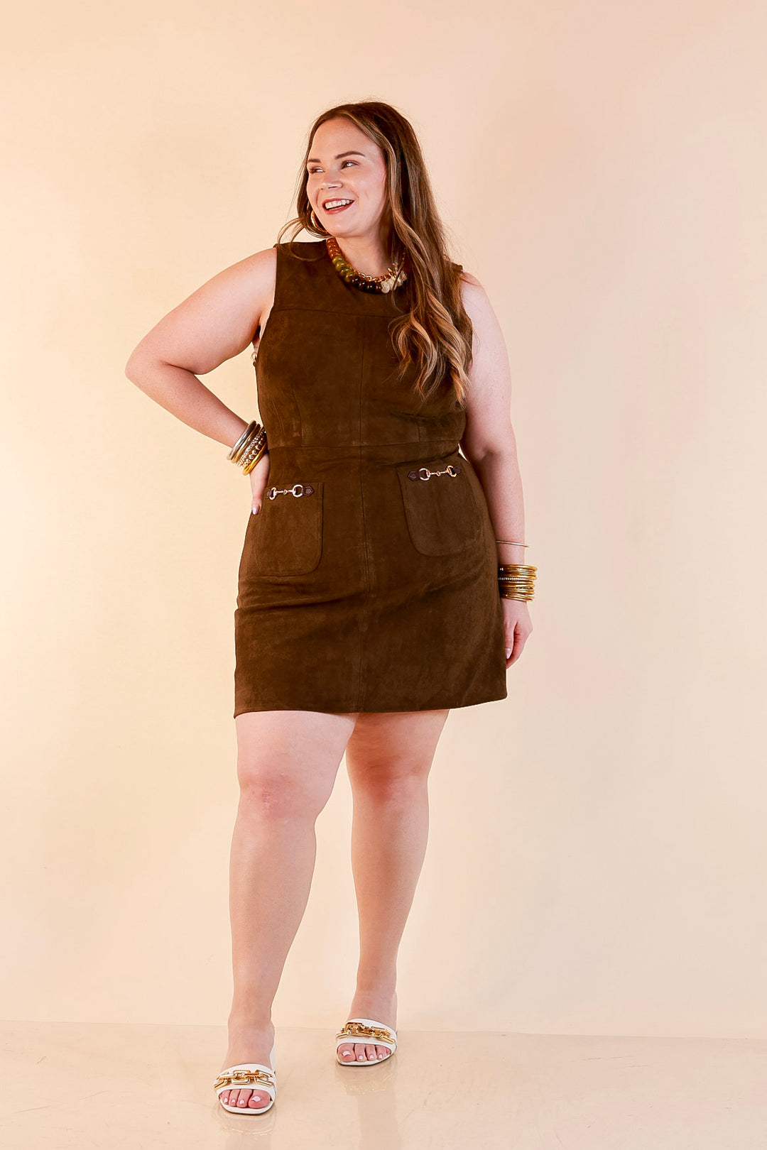The Fine Print Sleeveless Faux Suede Tank Mini Dress with Horsebit Detailing in Olive Brown