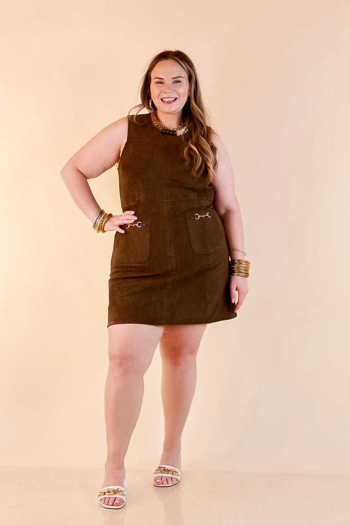 The Fine Print Sleeveless Faux Suede Tank Mini Dress with Horsebit Detailing in Olive Brown