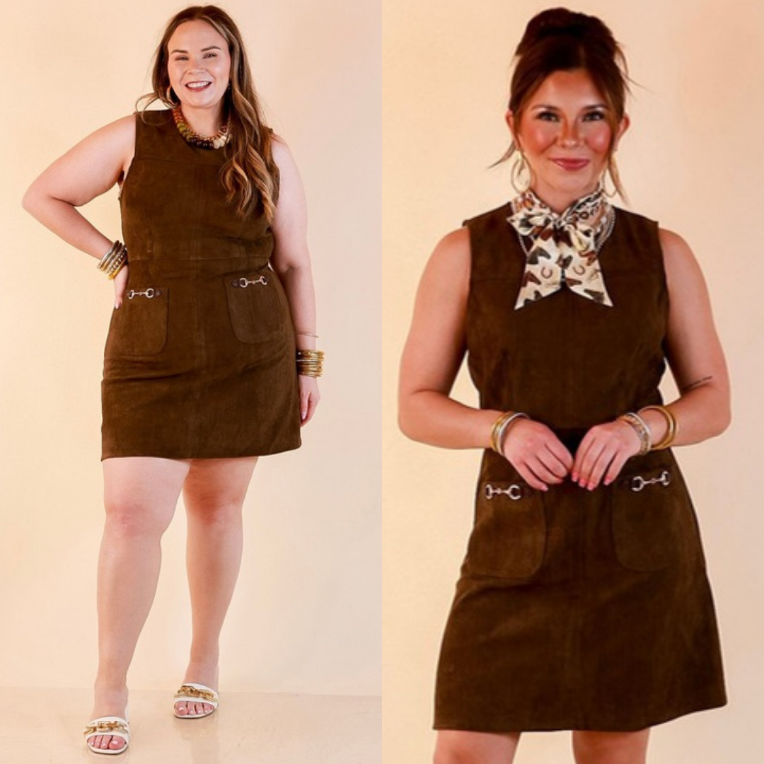 The Fine Print Sleeveless Faux Suede Tank Mini Dress with Horsebit Detailing in Olive Brown