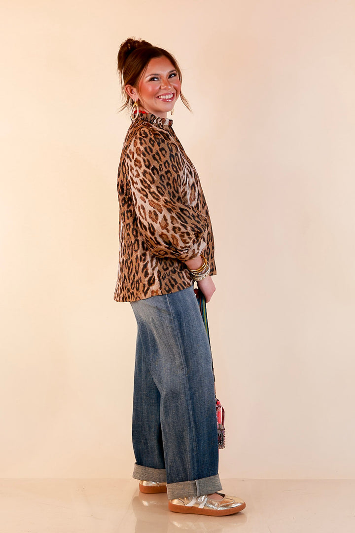 The Golden Hour Leopard Print Jacquard Ruffle Split Neck Balloon Sleeve Top in Gold and Brown