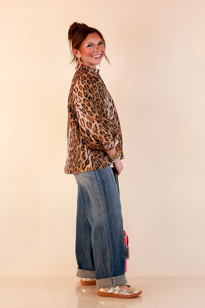 The Golden Hour Leopard Print Jacquard Ruffle Split Neck Balloon Sleeve Top in Gold and Brown