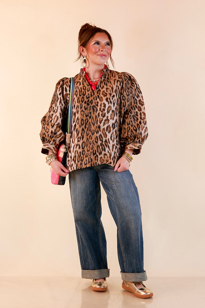 The Golden Hour Leopard Print Jacquard Ruffle Split Neck Balloon Sleeve Top in Gold and Brown