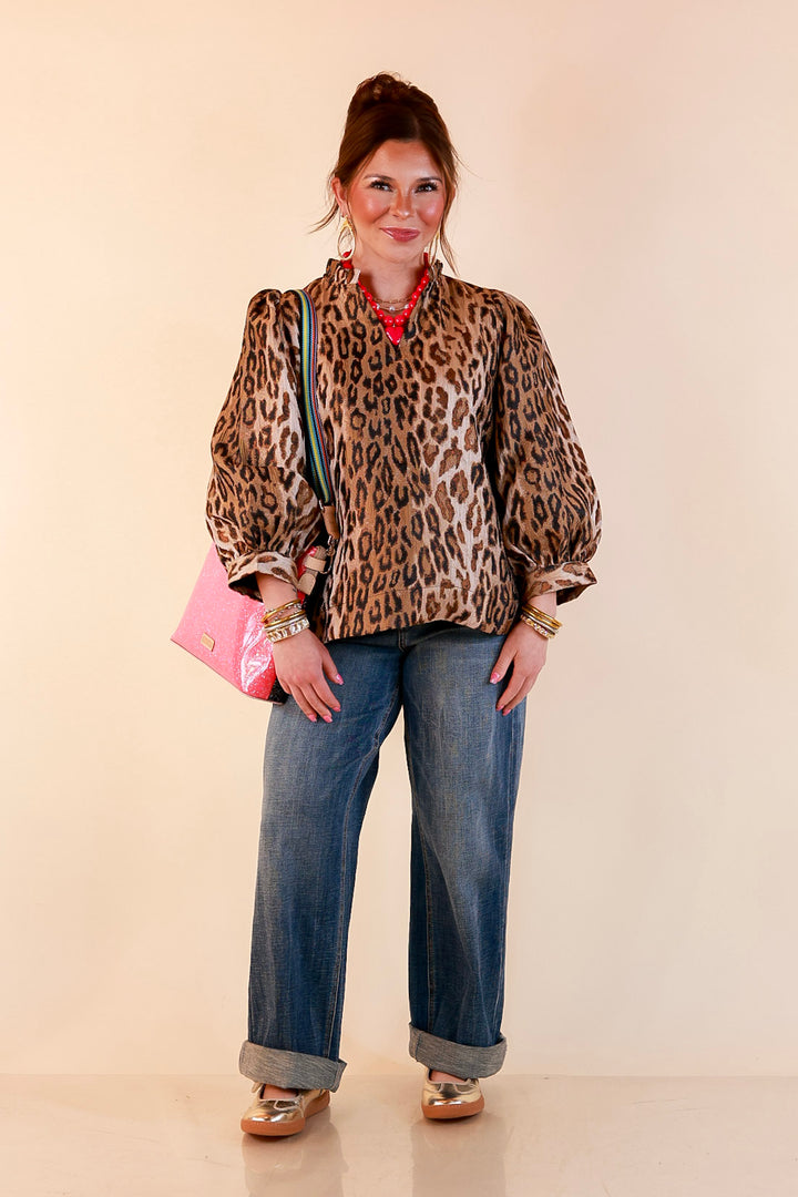 The Golden Hour Leopard Print Jacquard Ruffle Split Neck Balloon Sleeve Top in Gold and Brown