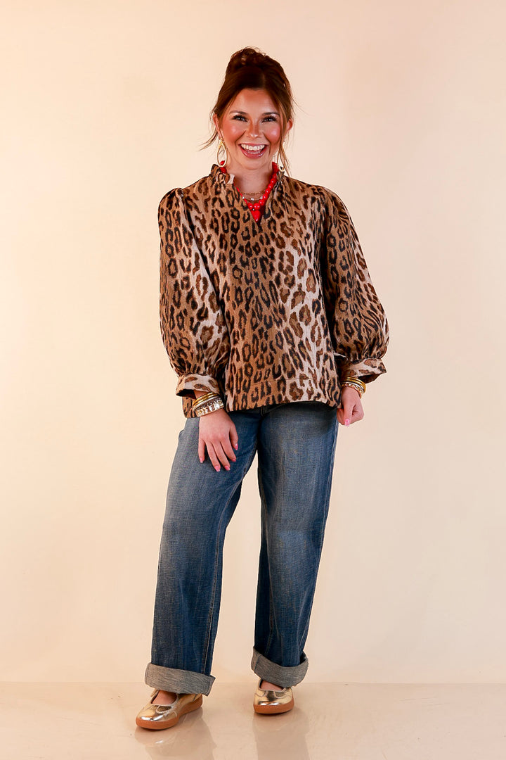 The Golden Hour Leopard Print Jacquard Ruffle Split Neck Balloon Sleeve Top in Gold and Brown