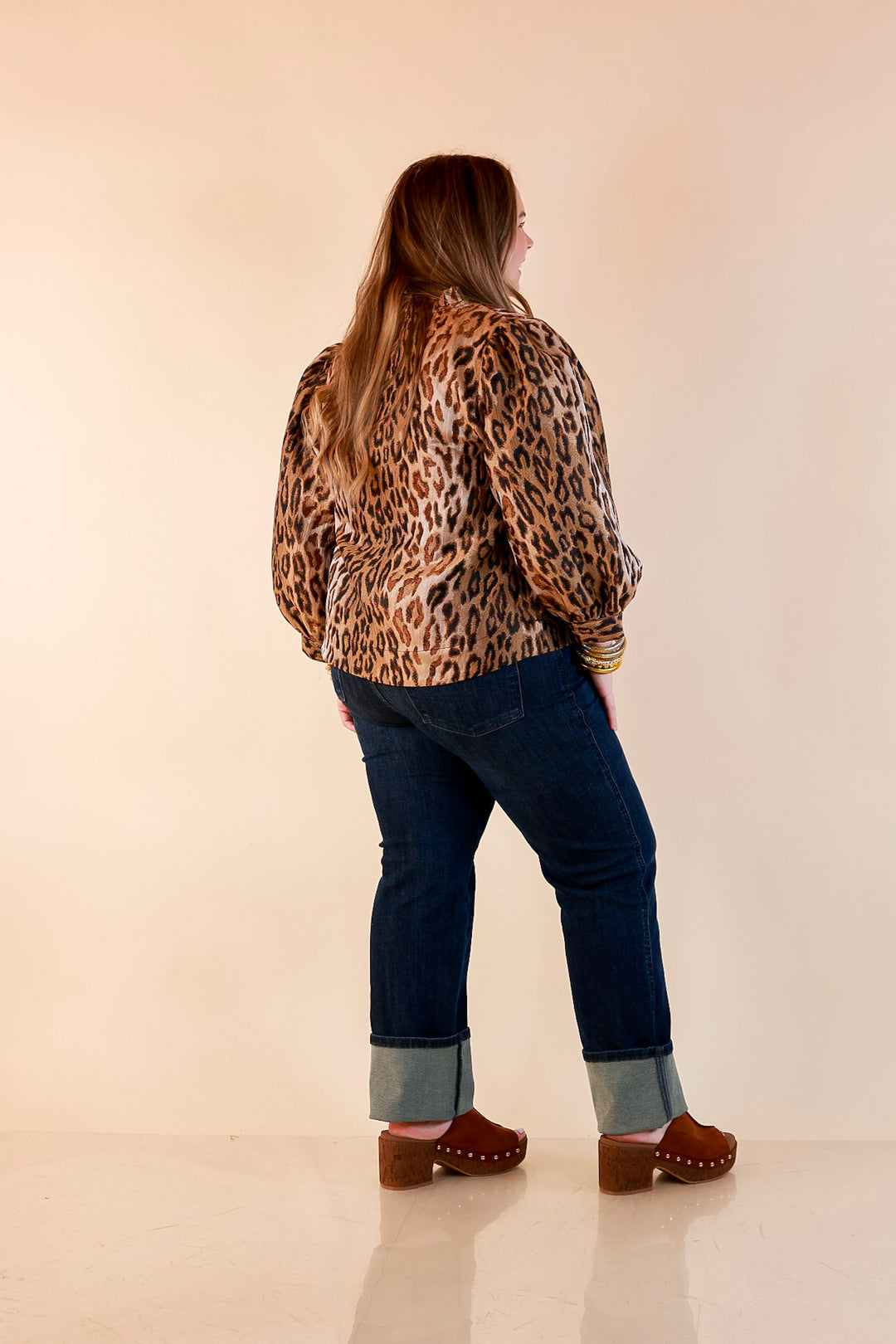 The Golden Hour Leopard Print Jacquard Ruffle Split Neck Balloon Sleeve Top in Gold and Brown