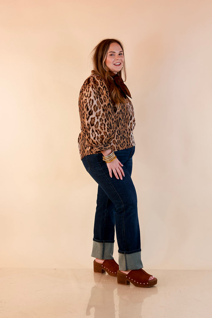 The Golden Hour Leopard Print Jacquard Ruffle Split Neck Balloon Sleeve Top in Gold and Brown