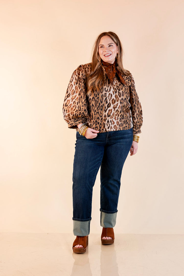The Golden Hour Leopard Print Jacquard Ruffle Split Neck Balloon Sleeve Top in Gold and Brown