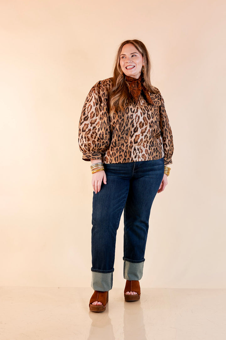 The Golden Hour Leopard Print Jacquard Ruffle Split Neck Balloon Sleeve Top in Gold and Brown