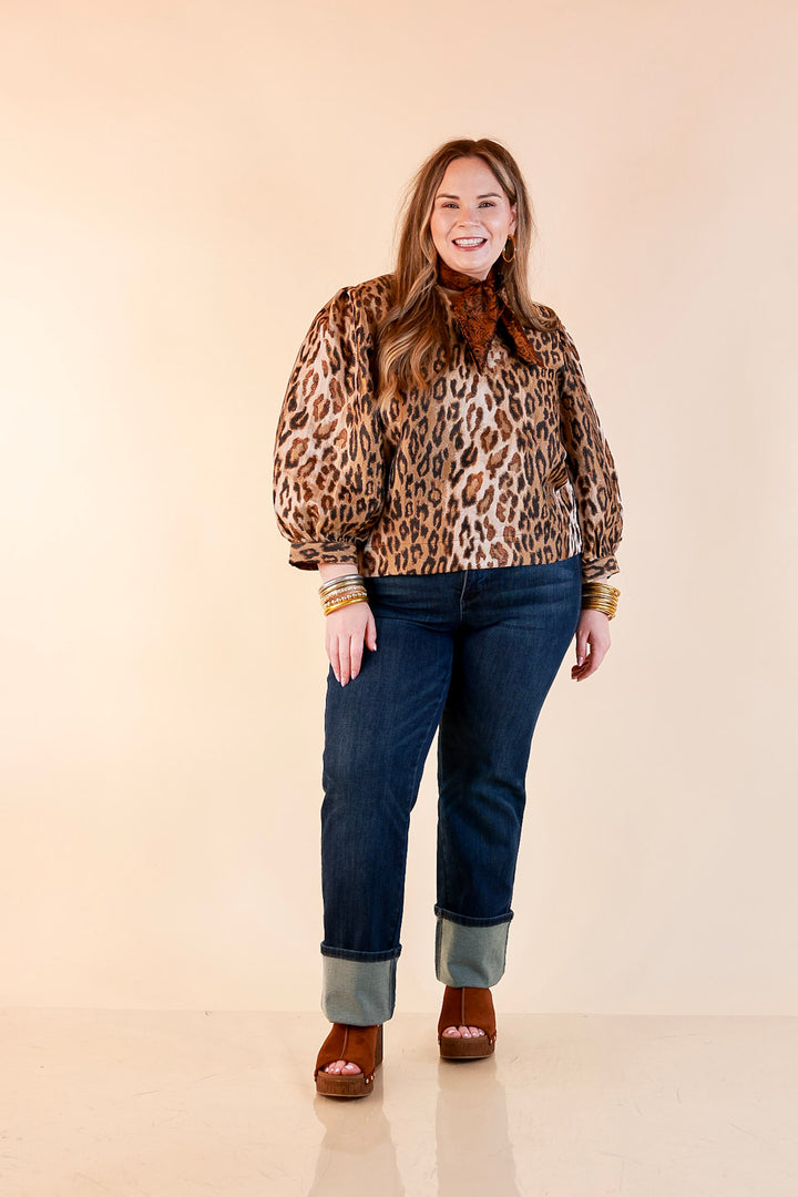 The Golden Hour Leopard Print Jacquard Ruffle Split Neck Balloon Sleeve Top in Gold and Brown