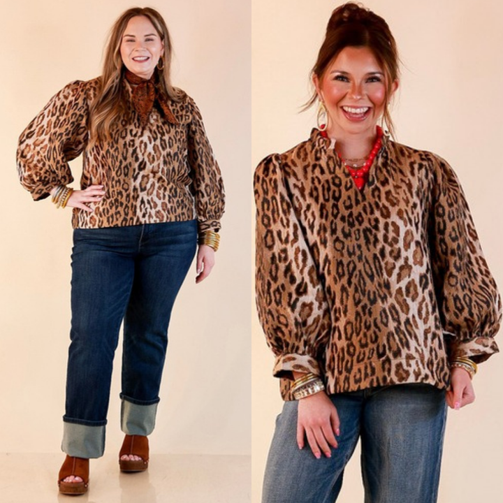 The Golden Hour Leopard Print Jacquard Ruffle Split Neck Balloon Sleeve Top in Gold and Brown
