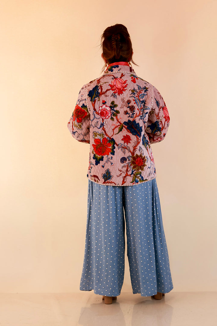 The Grand Tour Quilted Velvet Floral Print Collared Jacket with Striped Trim in Blush Pink