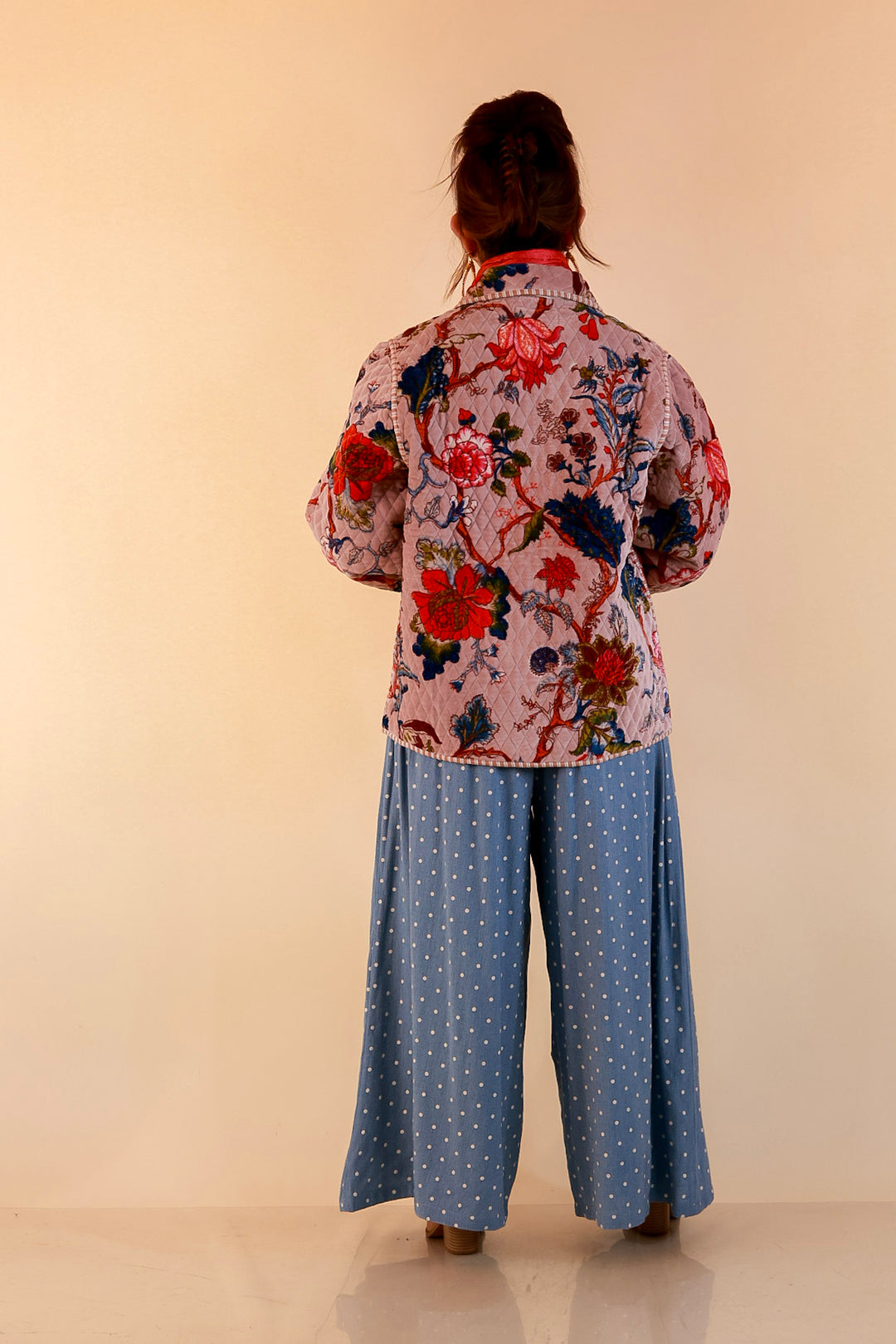 The Grand Tour Quilted Velvet Floral Print Collared Jacket with Striped Trim in Blush Pink