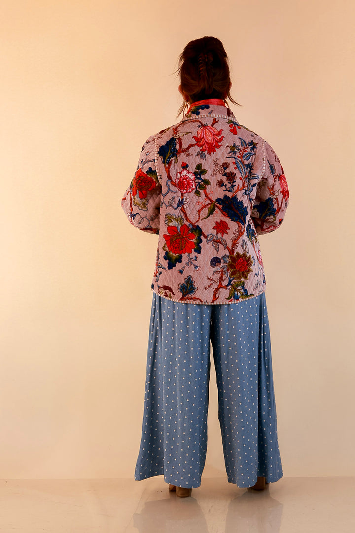 The Grand Tour Quilted Velvet Floral Print Collared Jacket with Striped Trim in Blush Pink