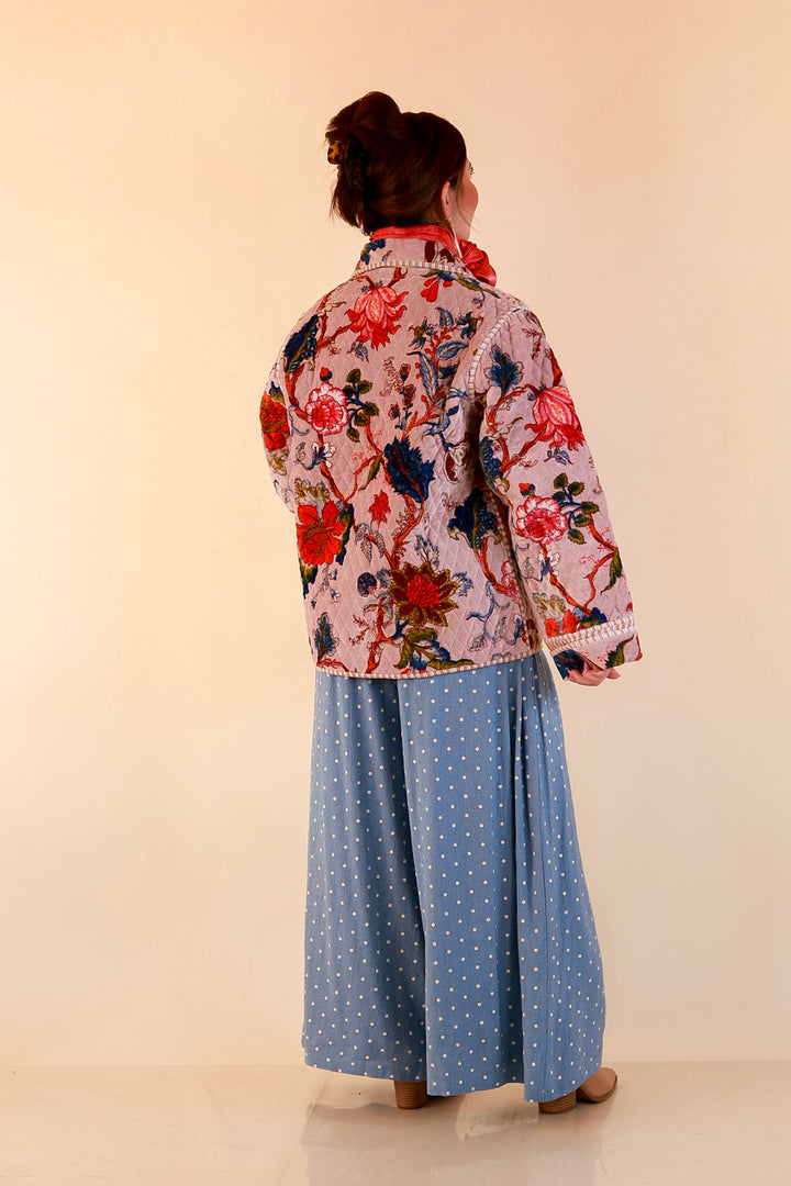The Grand Tour Quilted Velvet Floral Print Collared Jacket with Striped Trim in Blush Pink