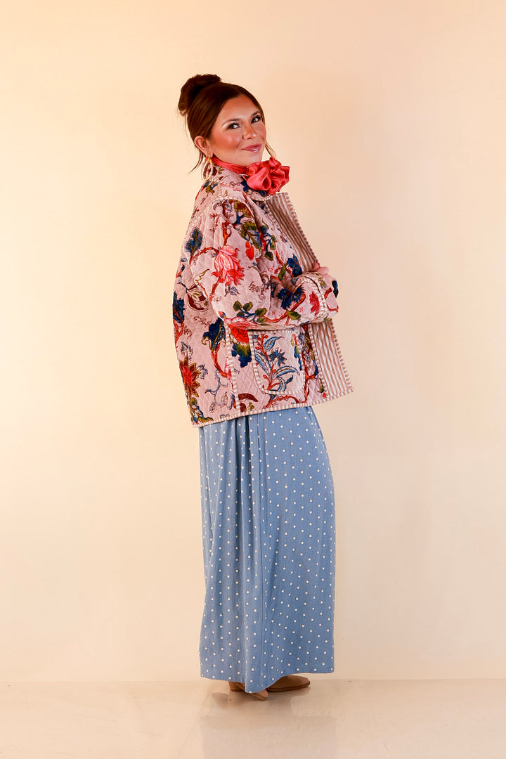 The Grand Tour Quilted Velvet Floral Print Collared Jacket with Striped Trim in Blush Pink