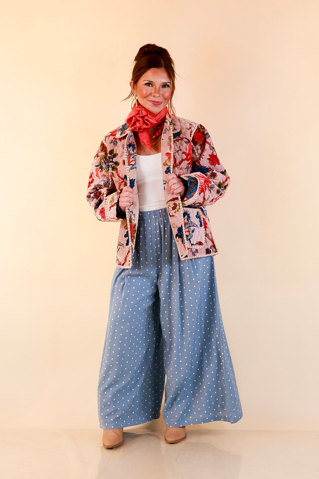 The Grand Tour Quilted Velvet Floral Print Collared Jacket with Striped Trim in Blush Pink