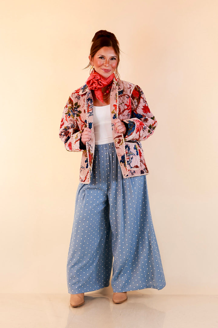 The Grand Tour Quilted Velvet Floral Print Collared Jacket with Striped Trim in Blush Pink