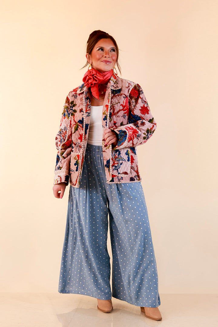 The Grand Tour Quilted Velvet Floral Print Collared Jacket with Striped Trim in Blush Pink