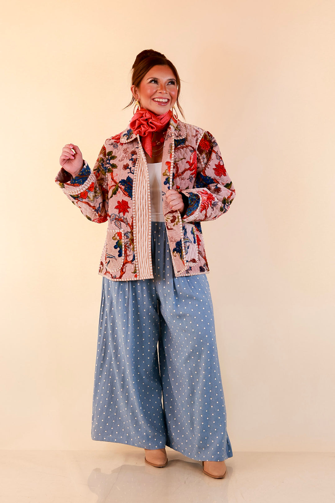 The Grand Tour Quilted Velvet Floral Print Collared Jacket with Striped Trim in Blush Pink