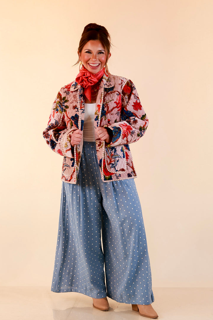 The Grand Tour Quilted Velvet Floral Print Collared Jacket with Striped Trim in Blush Pink