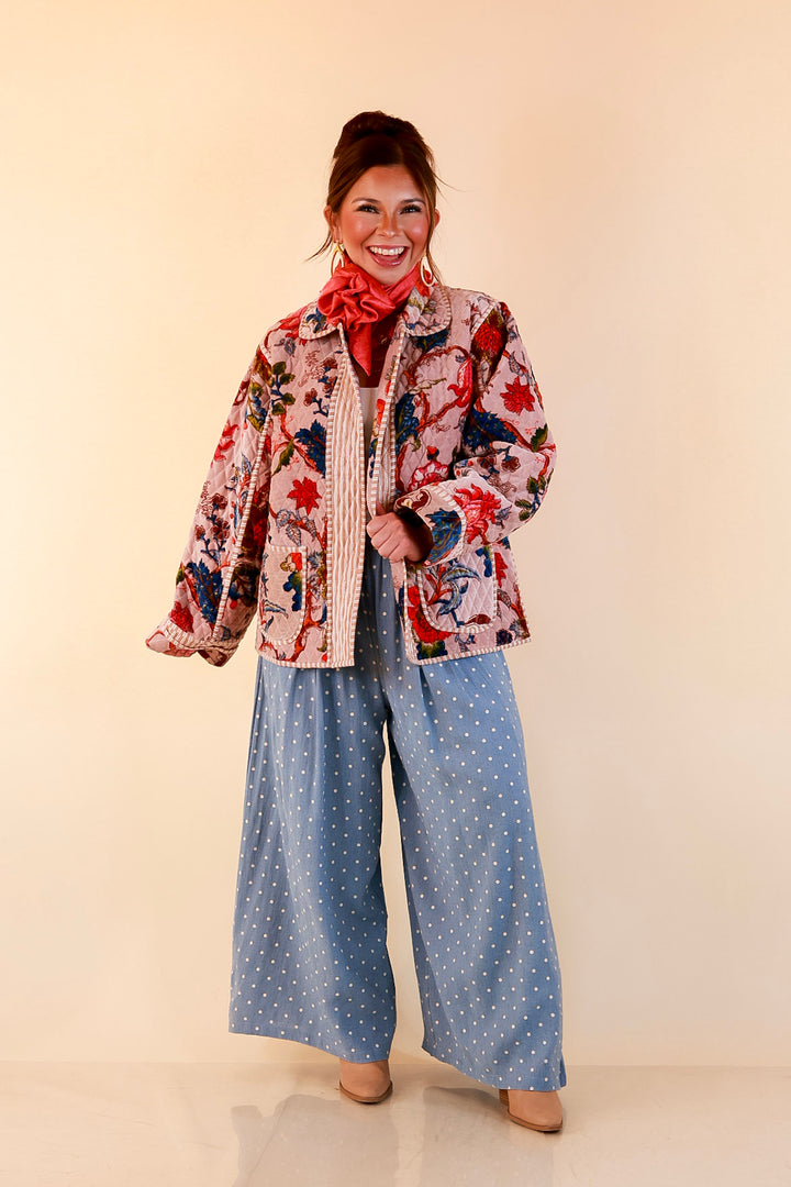 The Grand Tour Quilted Velvet Floral Print Collared Jacket with Striped Trim in Blush Pink