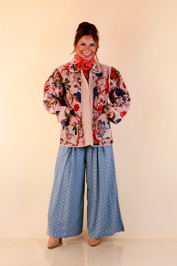 The Grand Tour Quilted Velvet Floral Print Collared Jacket with Striped Trim in Blush Pink