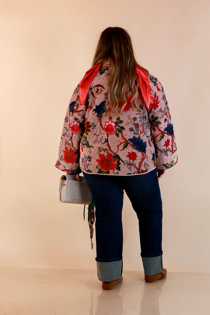 The Grand Tour Quilted Velvet Floral Print Collared Jacket with Striped Trim in Blush Pink