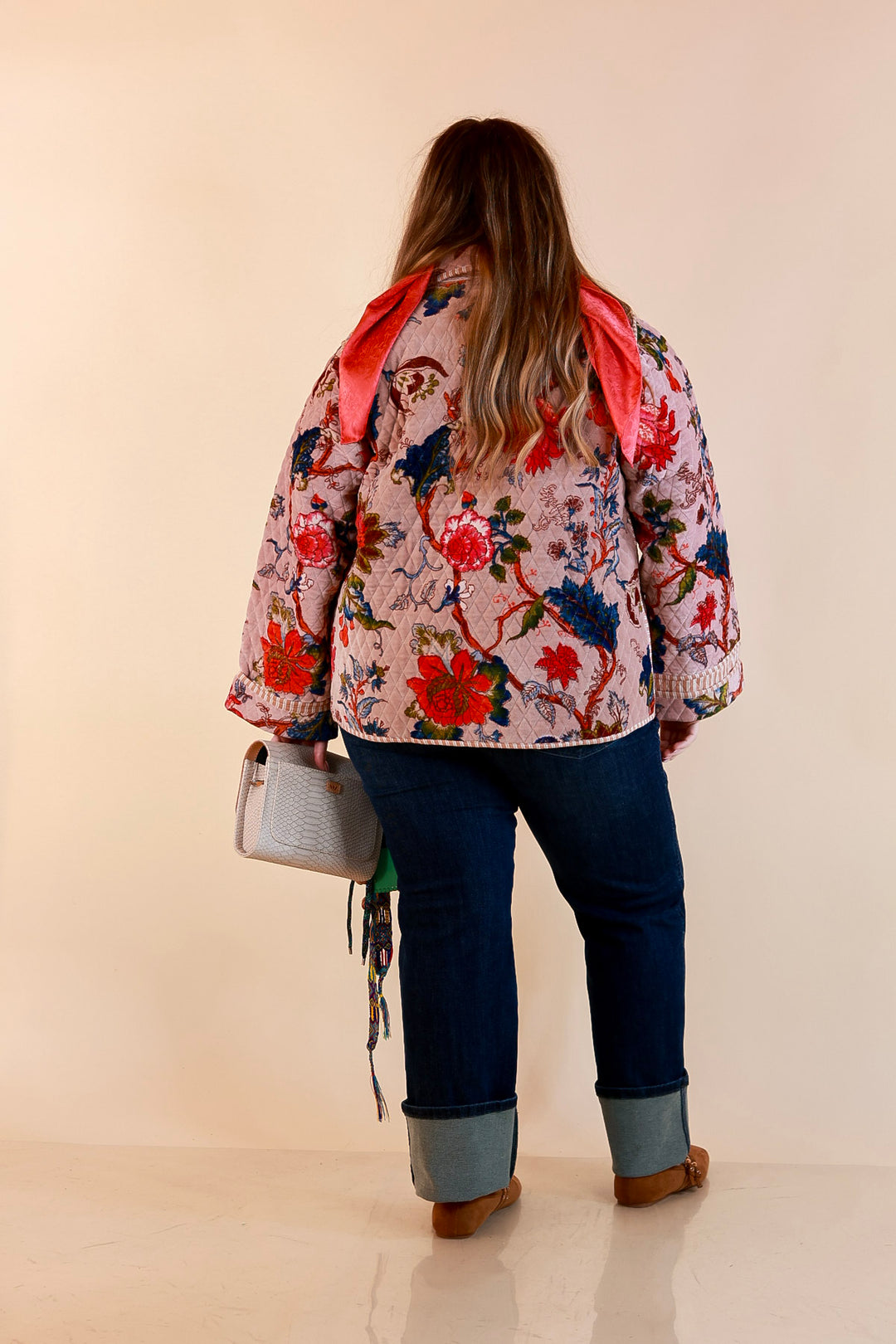 The Grand Tour Quilted Velvet Floral Print Collared Jacket with Striped Trim in Blush Pink
