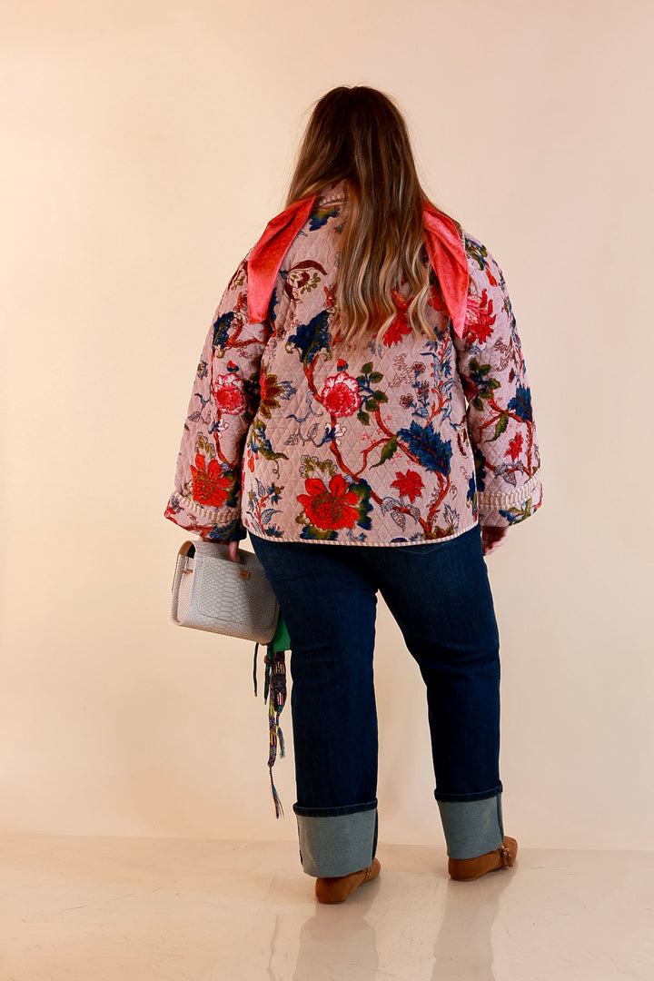 The Grand Tour Quilted Velvet Floral Print Collared Jacket with Striped Trim in Blush Pink