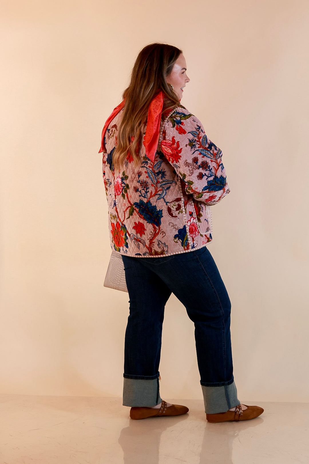 The Grand Tour Quilted Velvet Floral Print Collared Jacket with Striped Trim in Blush Pink