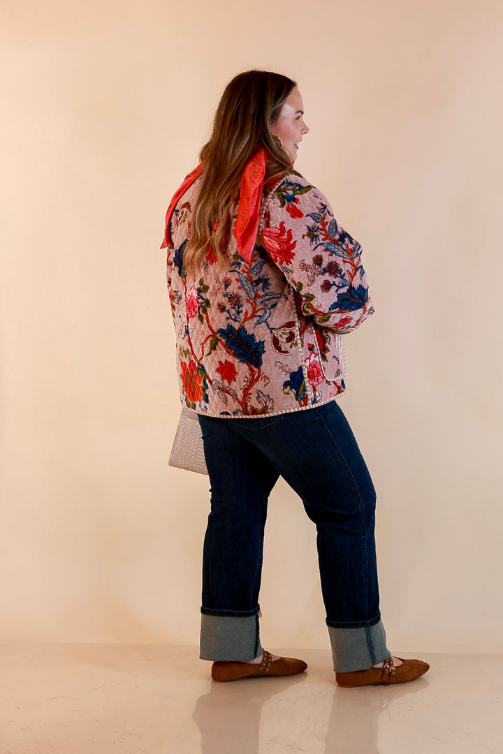 The Grand Tour Quilted Velvet Floral Print Collared Jacket with Striped Trim in Blush Pink