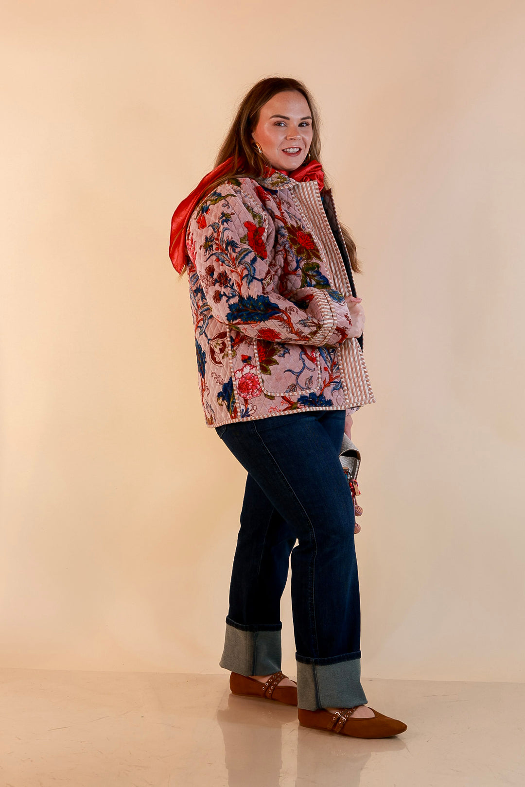 The Grand Tour Quilted Velvet Floral Print Collared Jacket with Striped Trim in Blush Pink