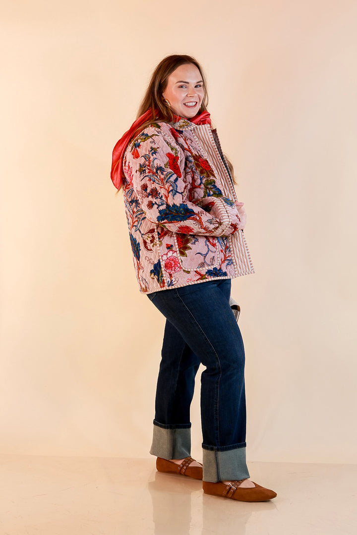The Grand Tour Quilted Velvet Floral Print Collared Jacket with Striped Trim in Blush Pink