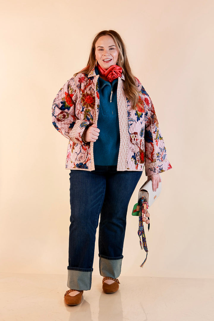 The Grand Tour Quilted Velvet Floral Print Collared Jacket with Striped Trim in Blush Pink