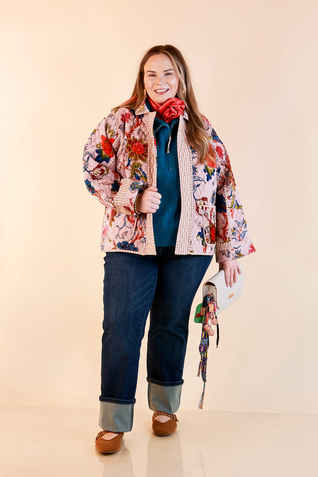 The Grand Tour Quilted Velvet Floral Print Collared Jacket with Striped Trim in Blush Pink