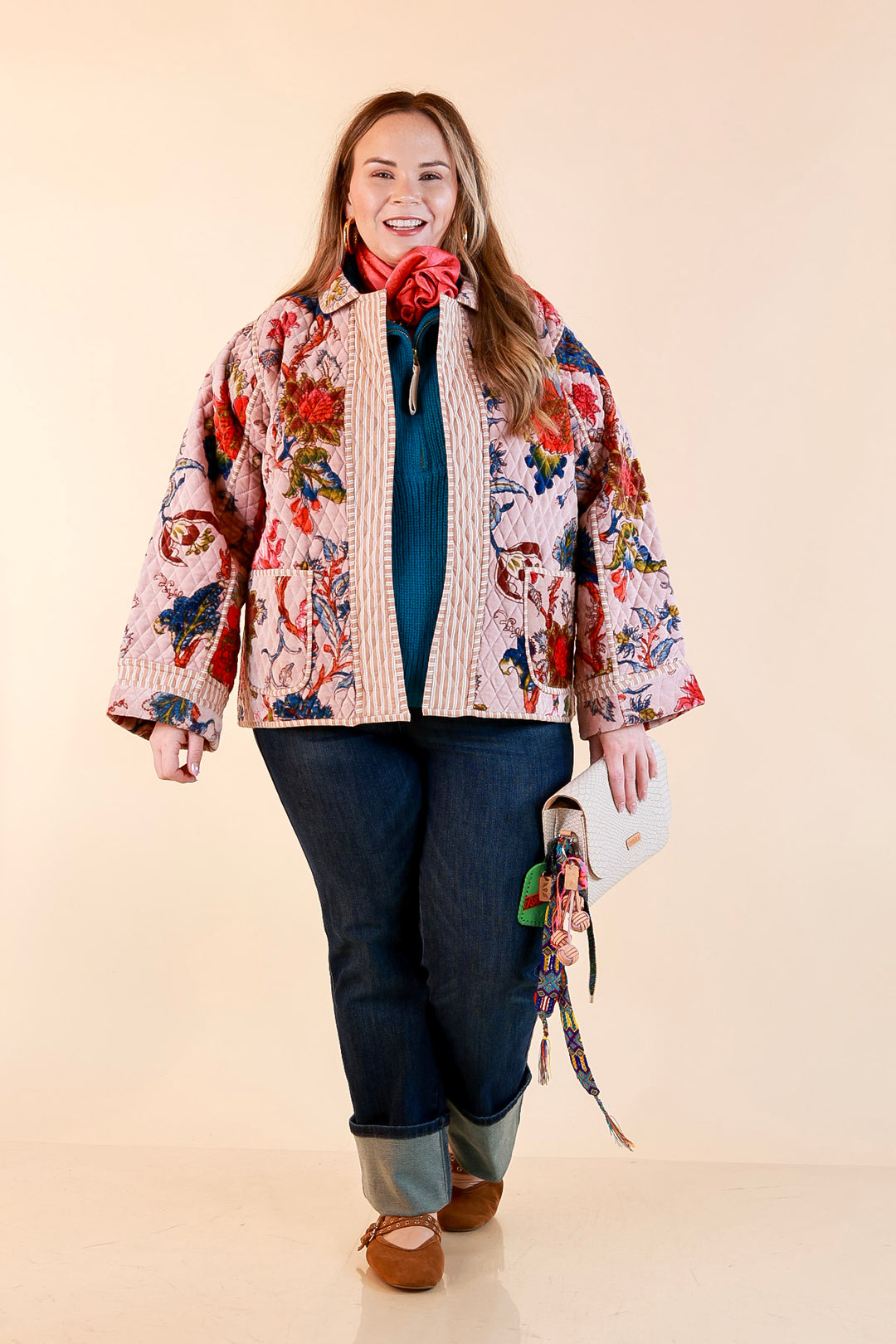 The Grand Tour Quilted Velvet Floral Print Collared Jacket with Striped Trim in Blush Pink