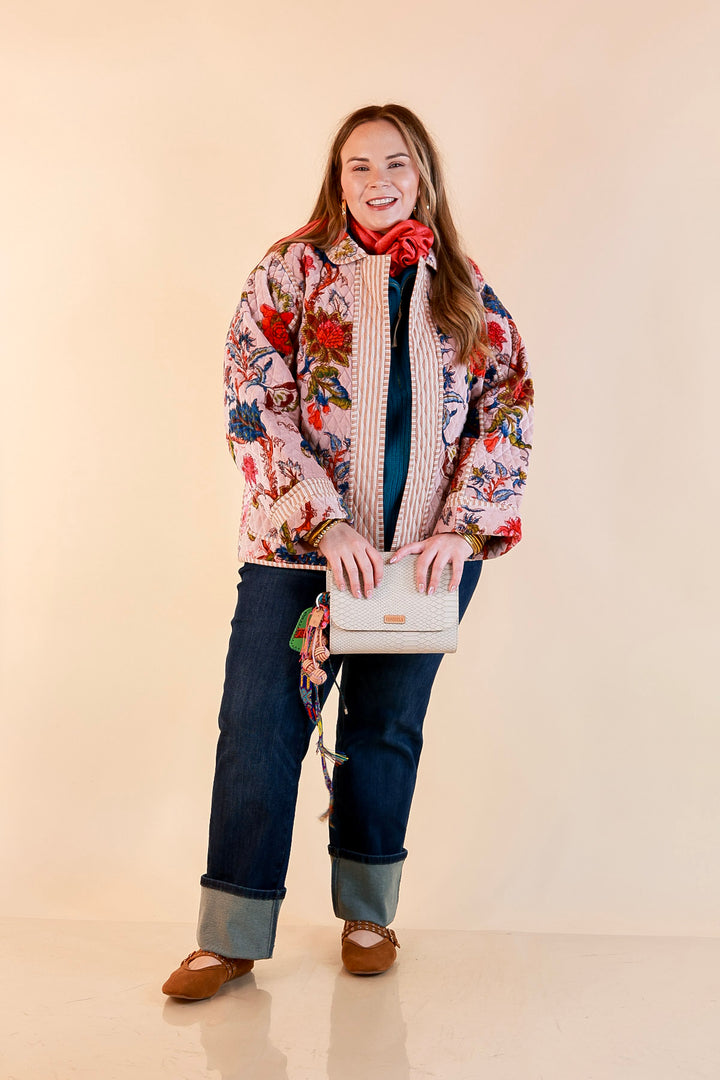 The Grand Tour Quilted Velvet Floral Print Collared Jacket with Striped Trim in Blush Pink
