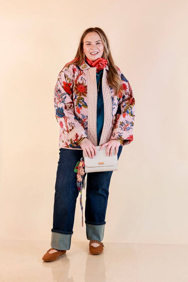 The Grand Tour Quilted Velvet Floral Print Collared Jacket with Striped Trim in Blush Pink