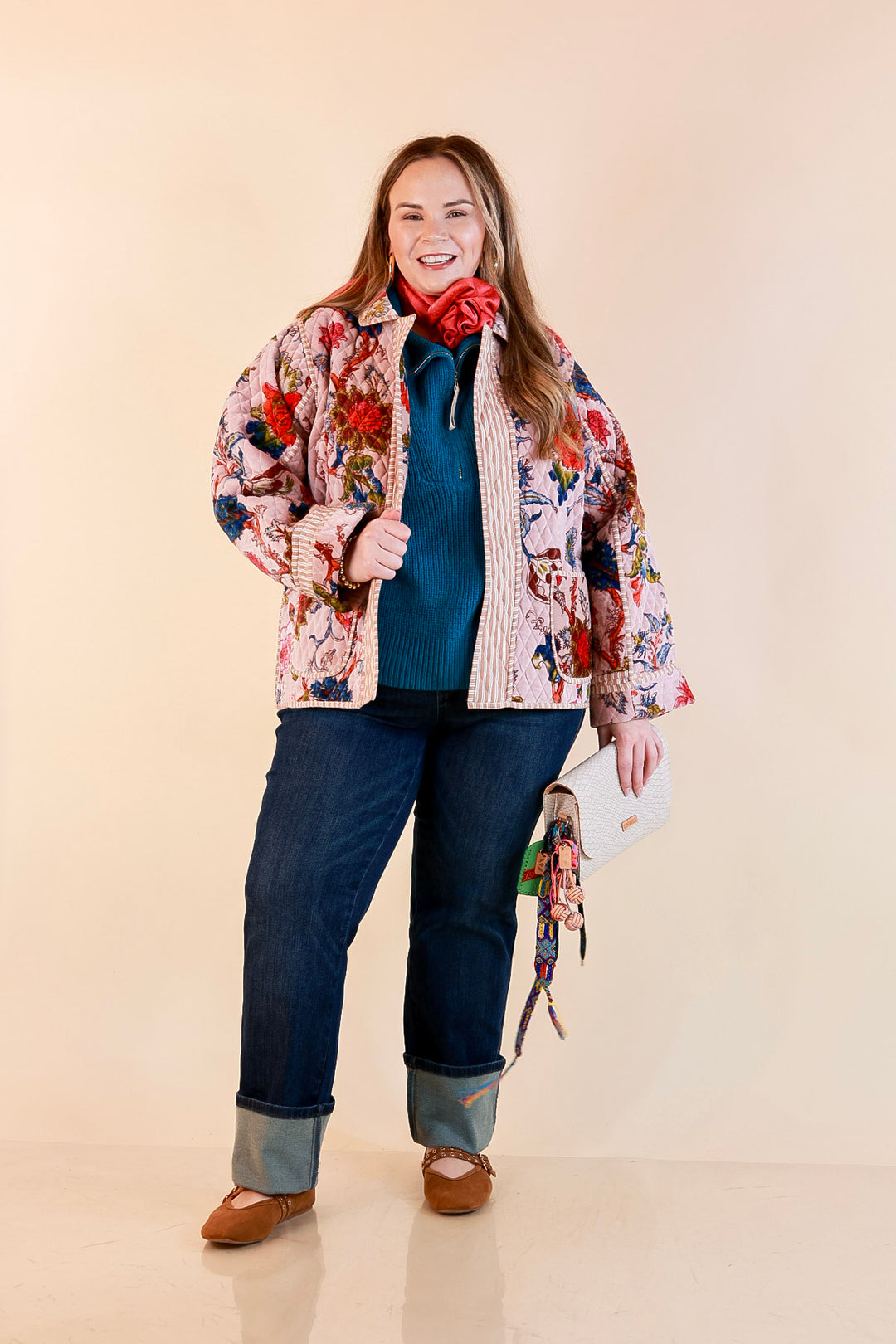 The Grand Tour Quilted Velvet Floral Print Collared Jacket with Striped Trim in Blush Pink