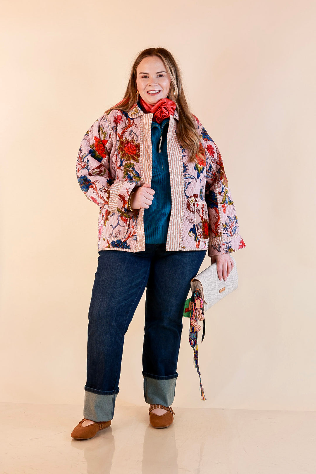 The Grand Tour Quilted Velvet Floral Print Collared Jacket with Striped Trim in Blush Pink