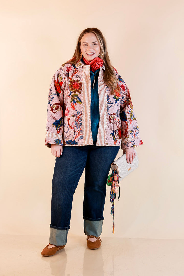 The Grand Tour Quilted Velvet Floral Print Collared Jacket with Striped Trim in Blush Pink