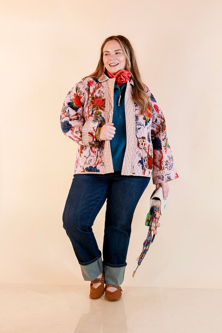 The Grand Tour Quilted Velvet Floral Print Collared Jacket with Striped Trim in Blush Pink